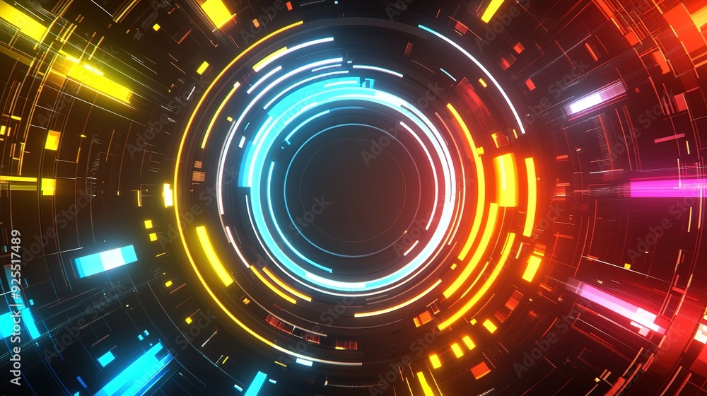 Poster colorful digital abstract design featuring concentric circles and bright lines in a futuristic style