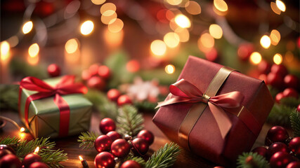 Christmas background with decorations and gift boxes on wooden board with bokeh lights