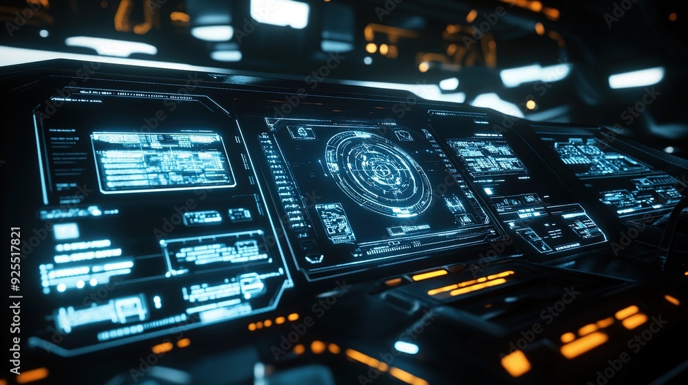Poster futuristic control panel with glowing interfaces in a high-tech environment at night