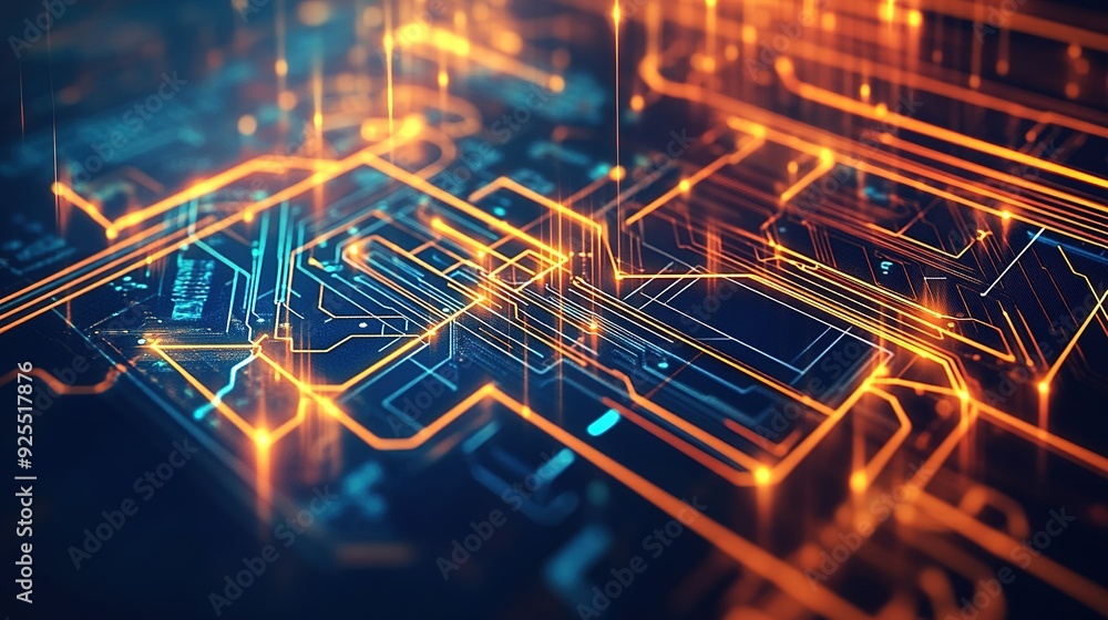 Poster abstract representation of circuit board design with glowing lines and patterns