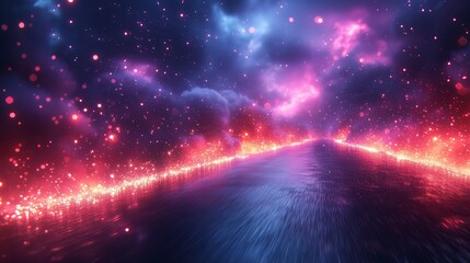 Obraz premium A vibrant cosmic highway illuminated by colorful lights under a starry sky at night