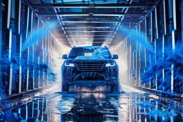 washing blue SUV car at automatic car wash