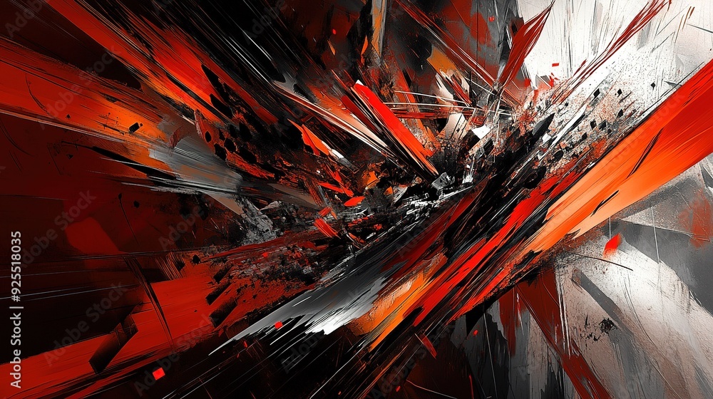 Poster abstract explosion of red, black, and gray tones showcasing dynamic motion and energy in a design-or