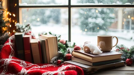 Cozy winter morning with books, a warm drink, and holiday decorations by the window