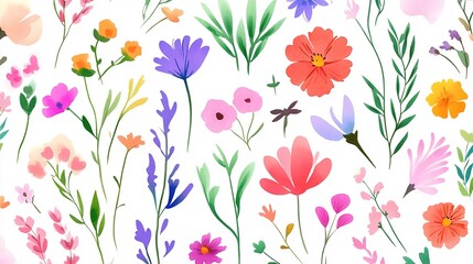 Colorful floral pattern featuring various flowers on a white background