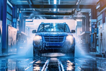 washing blue SUV car at automatic car wash