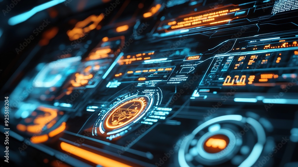 Poster futuristic digital interface with glowing blue and orange elements displaying data analytics and gra