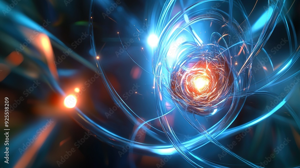 Poster abstract representation of atomic structure with glowing particles and energy flows in a dark enviro