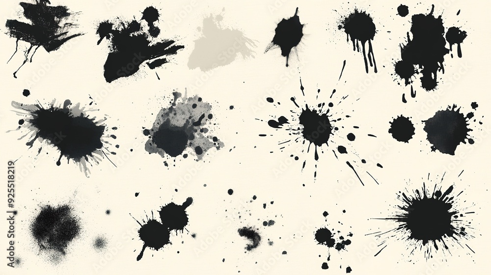 Poster abstract black ink splatters on a light background showcasing various shapes and sizes