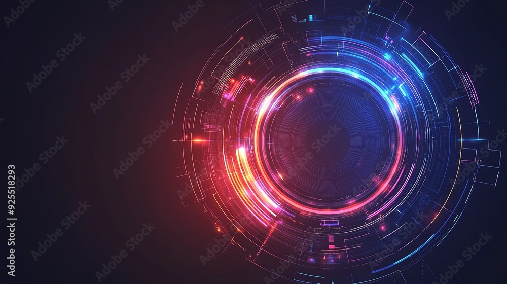 Poster colorful digital abstract design with circular patterns and glowing lines on a dark background