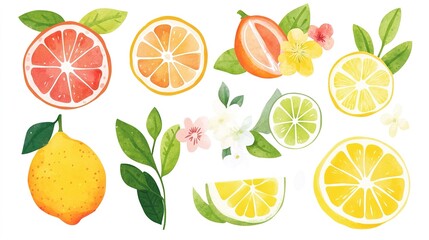 Colorful assortment of citrus fruits and flowers on a white background
