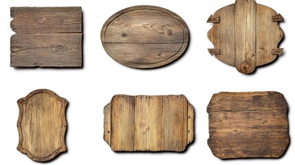 Naklejka premium Various wooden signs and plaques arranged on a white background showcasing different shapes and sizes