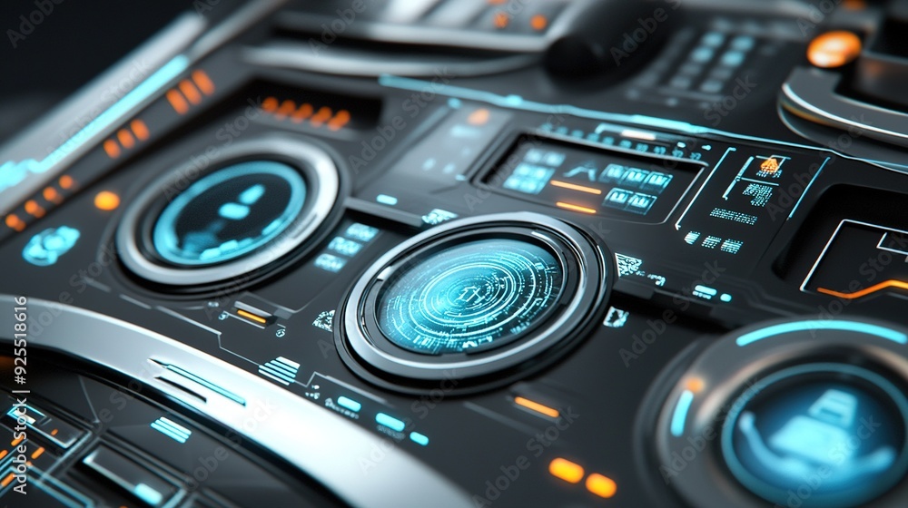 Poster futuristic control panel with glowing interfaces and digital displays in a sci-fi environment