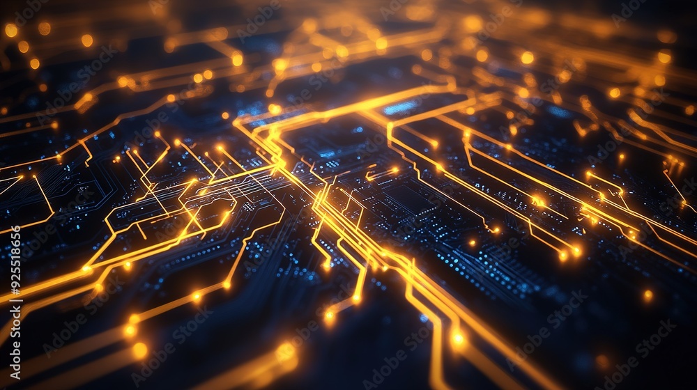 Poster bright circuitry design with glowing lines and patterns in an abstract setting