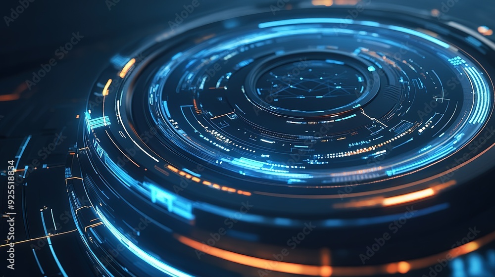 Poster futuristic digital interface with glowing blue and orange circular patterns in a dark environment