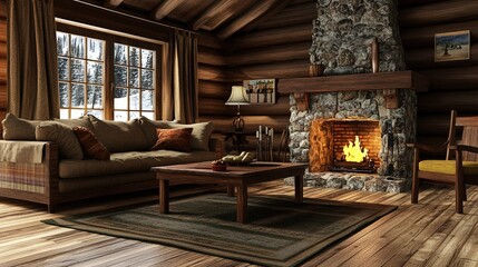 Cozy log cabin interior with a warm fire during winter