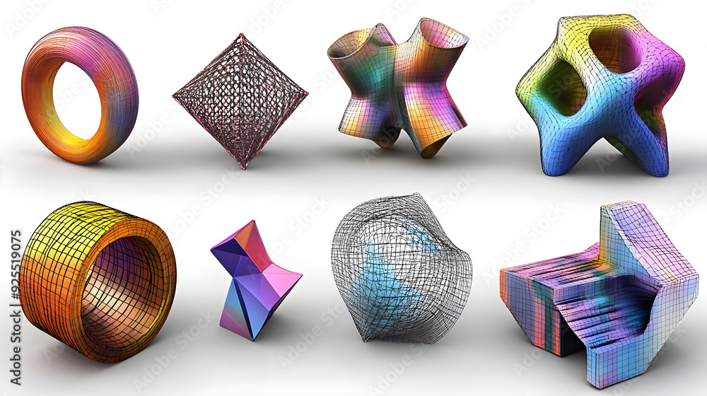 Poster collection of eight abstract 3d shapes with wireframe and iridescent colors.