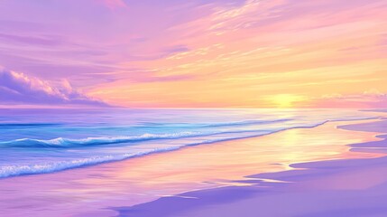 Serene sunset over a tranquil beach with gentle waves caressing the shore