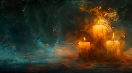 Fototapeta premium A Halloween card with abstract art featuring twisted, melting candles with ghostly flames