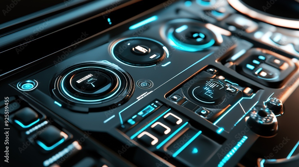 Poster close-up of a futuristic control panel with glowing buttons and intricate design in a dark environme