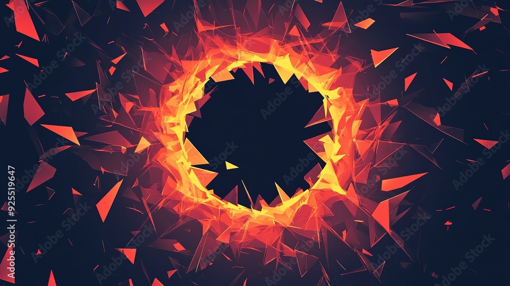 Poster colorful abstract geometric design with fiery orange and red shapes creating a focal point against a