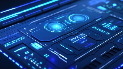 Futuristic control interface with glowing blue lights in a dark environment
