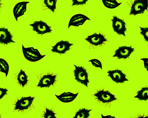 Gothic style seamless pattern with soft blurry witch eyes. Halloween themed graphic print for clothing, fabric, wallpaper, home decor, wrapping paper in black and white