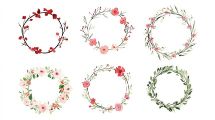 Colorful floral wreath designs featuring various blossoms against a plain background