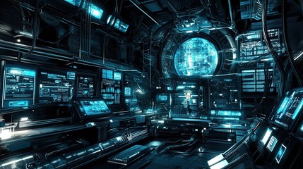 Fototapeta premium Futuristic control room filled with holographic displays and illuminated technology at night