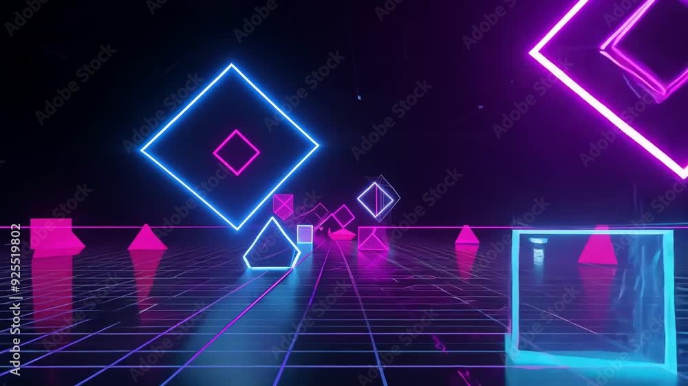 Poster neon geometric shapes illuminated on a dark grid background generative ai