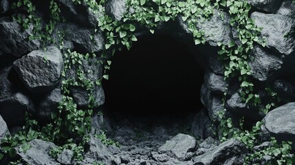 A dark cave entrance surrounded by rocky walls and creeping green vines in an isolated area