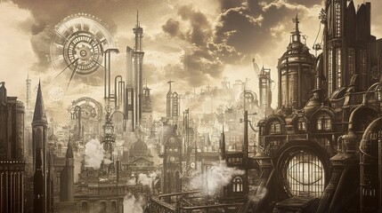 Steampunk cityscape with towering structures and intricate machinery under dramatic skies