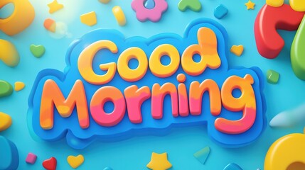 Cheerful Good Morning greeting with colorful letters and playful shapes on a bright blue background