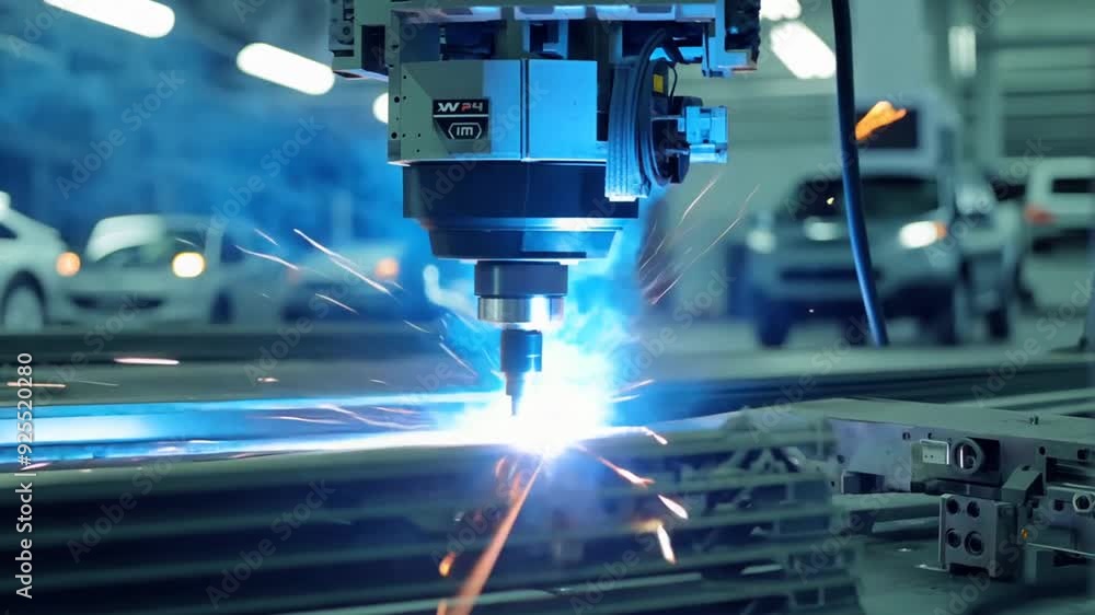 Aufkleber robot welding automotive parts in factory assembly line generative ai