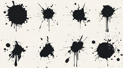Black ink splatters on a cream background, showcasing various shapes and sizes of paint droplets scattered artistically