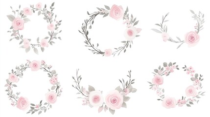 Delicate floral wreaths featuring soft pink roses and greenery arranged elegantly on a light background