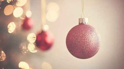 Fototapeta premium Sparkling pink ornament hangs on a Christmas tree with soft glowing lights in the background during the holiday season