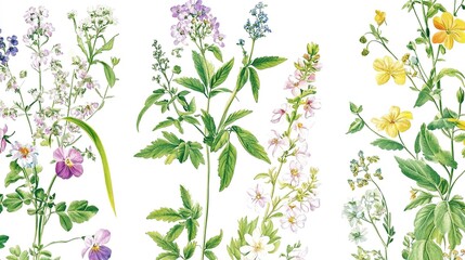 Botanical illustration featuring various wildflowers from a European meadow during springtime