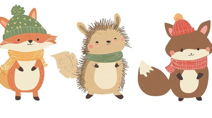 Obraz premium Three cute woodland animals dressed in winter hats and scarves, standing together against a white background