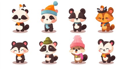 Naklejka premium Cute cartoon raccoons in winter hats and scarves posing together in a colorful, playful arrangement