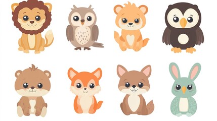 Fototapeta premium Cute cartoon animals including a lion, owl, fox, and bunny in a colorful arrangement