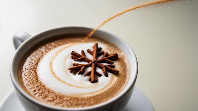 A hot cup of frothy coffee with a chocolate snowflake on top, with a sprinkle of cinnamon sugar being added. Christmas drink copy space white background. Flat lay