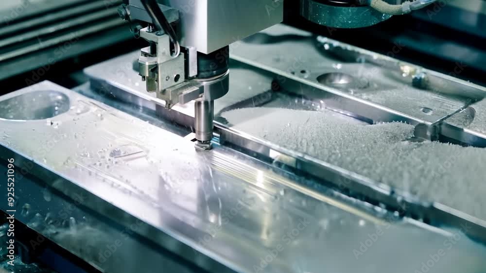 Poster cnc milling machine cuts injection mold parts in a workshop generative ai