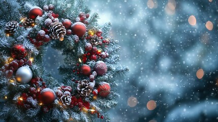 Christmas tree. Decorated winter wreath. X-mas balls, ornaments