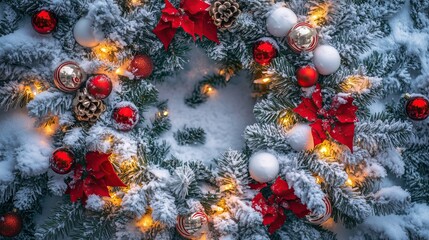 Christmas tree. Decorated winter wreath. X-mas balls, ornaments
