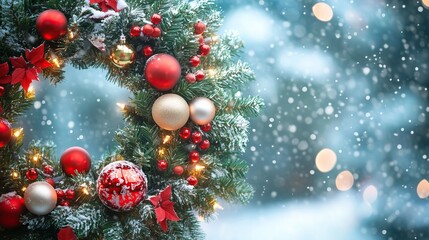 Christmas tree. Decorated winter wreath. X-mas balls, ornaments