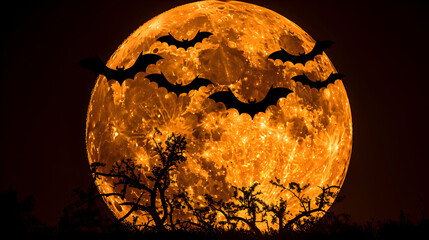 A Halloween card with bats flying in front of a bright full moon