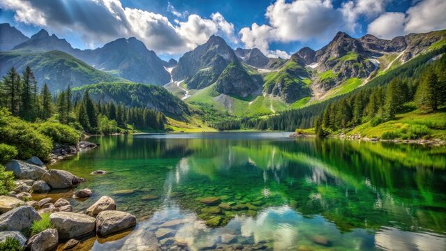 Idyllic mountain lake surrounded by lush greenery in Tatra National Park, Slovakia, Popradske Pleso, Tatra National Park