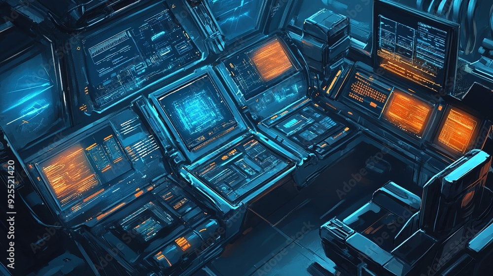 Poster futuristic control room with glowing interfaces and displays in a high-tech environment
