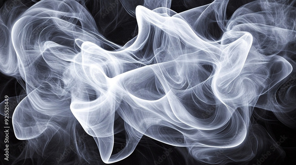 Poster wisps of white smoke swirl against a dark backdrop, creating an ethereal and fluid pattern